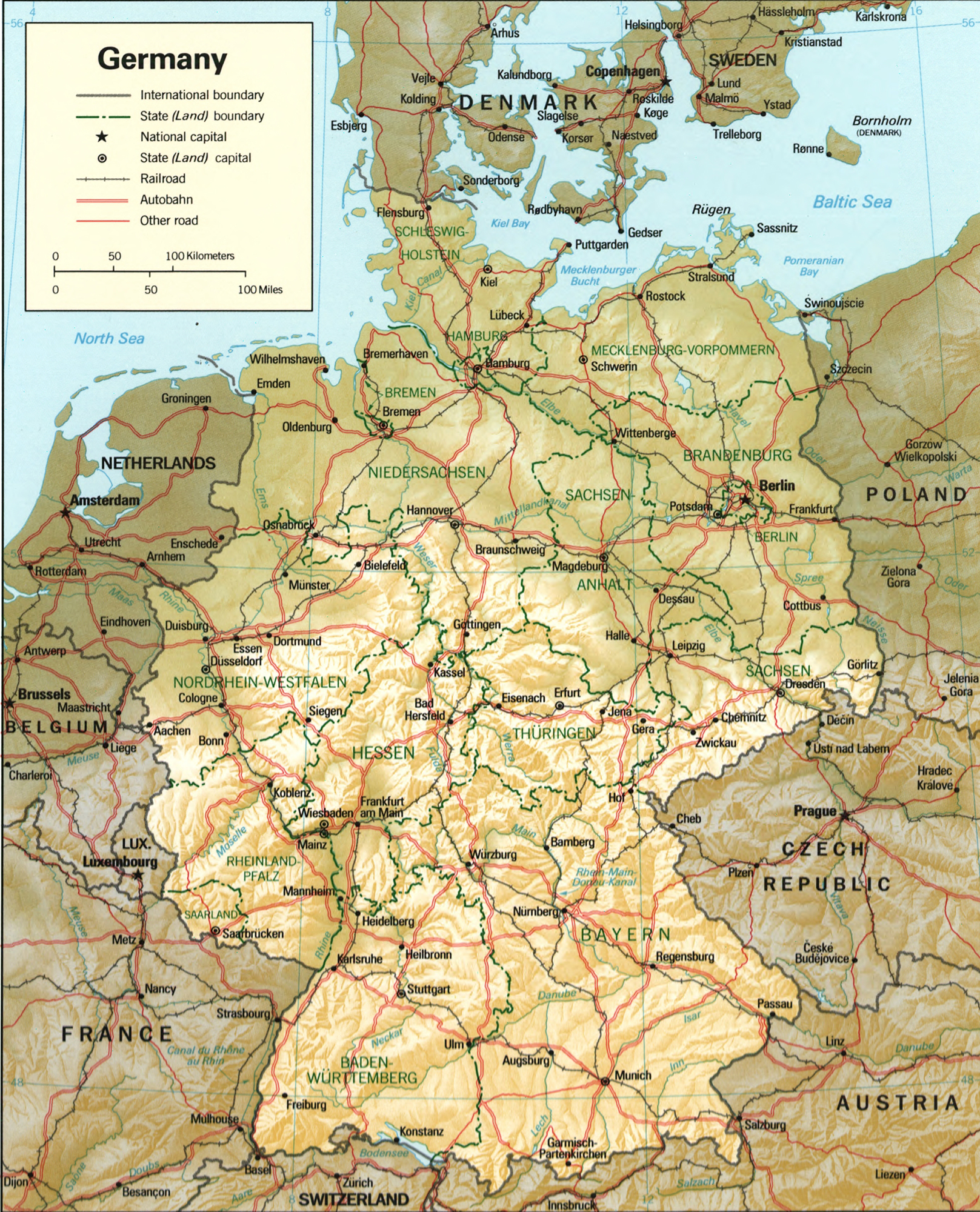 Map of Germany 1994. Relief. International and state boundaries.