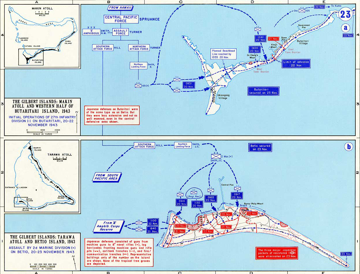 Map of World War II: The Pacific. The Gilbert Islands. Initial Operations of the 27th Infantry and Assault by 2nd Marine Division, November 1943.