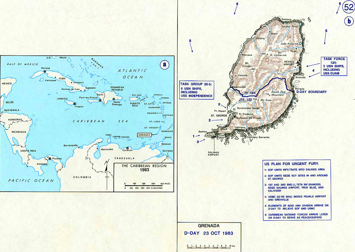 History Map of Grenada 1983. Operation URGENT FURY, October 23, 1983.