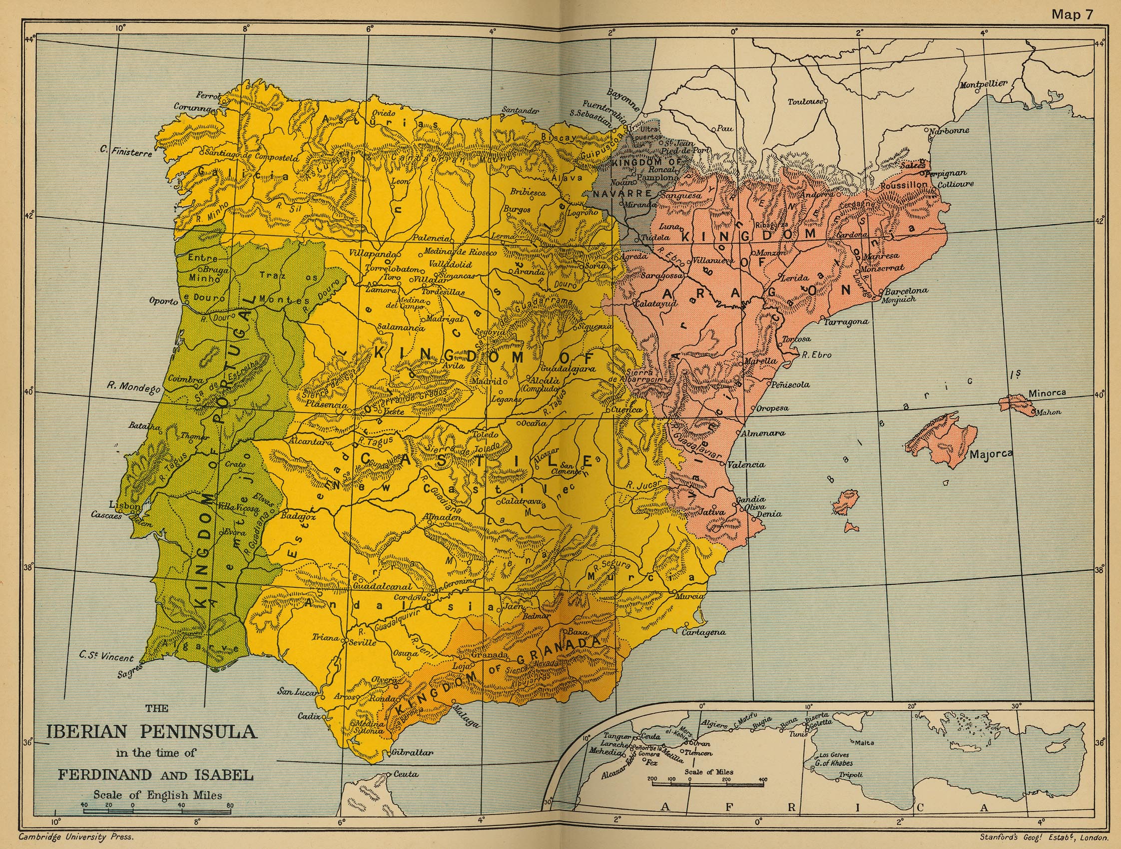 Map of the Iberian Peninsula in the time of Ferdinand and Isabel, 1479-1504