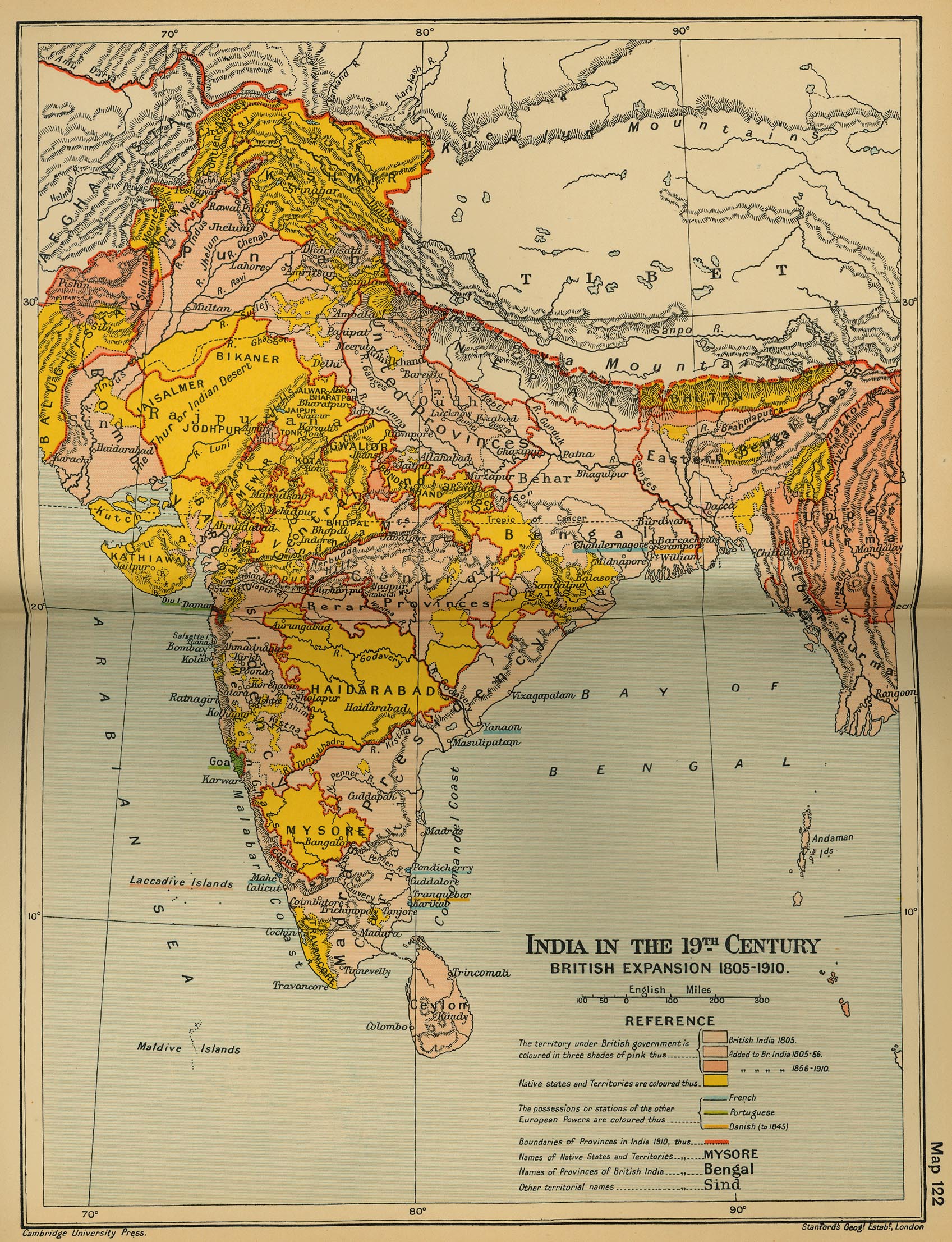 Map of India in the 19th Century: British Expansion 1805-1910