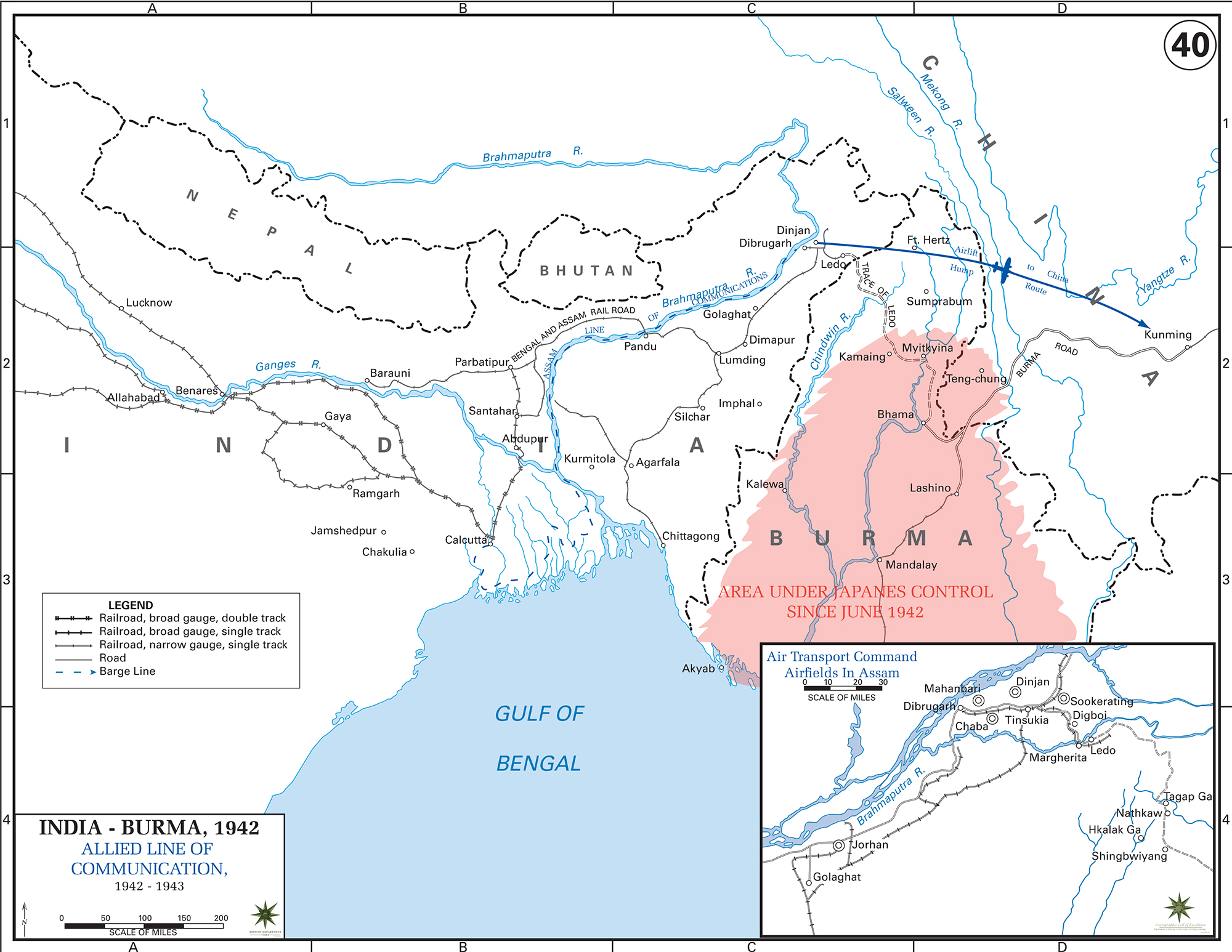 Map of WWII: India and Burma. Allied Line of Communications 1942-1943.