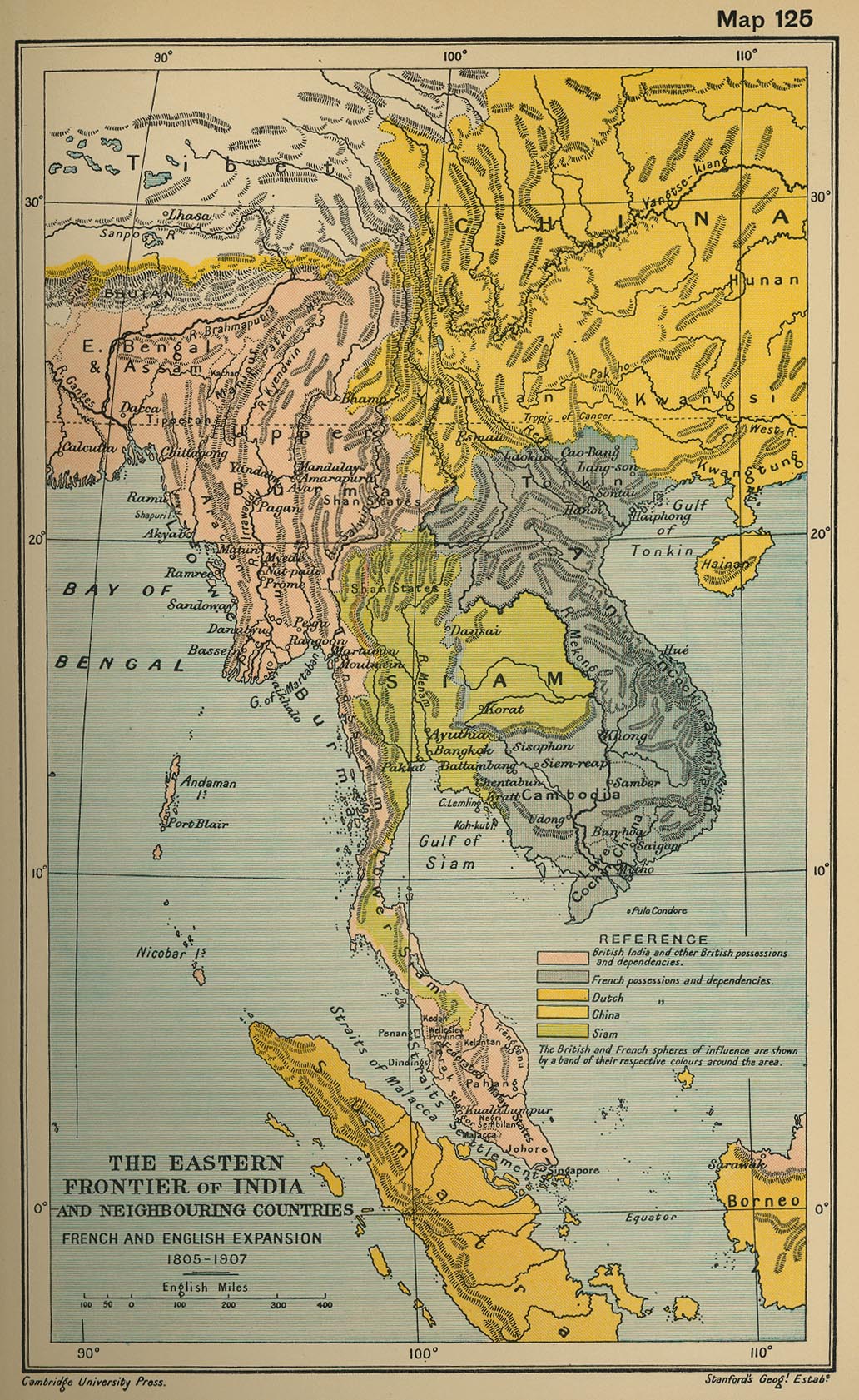 Map of Southeast Aisa: Eastern Frontier of India and Neighboring Countries: The French and English Expansion 1805-1907