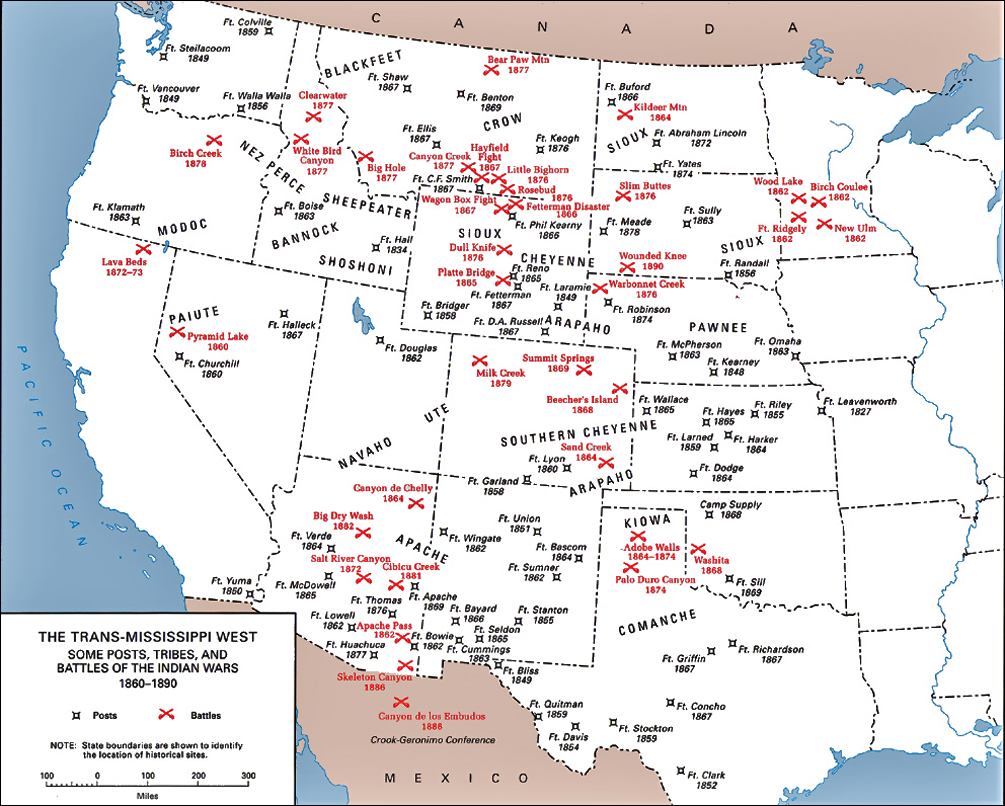 US: Native Americans - Map of Indian Posts, Tribes, and Battles 1860-1890