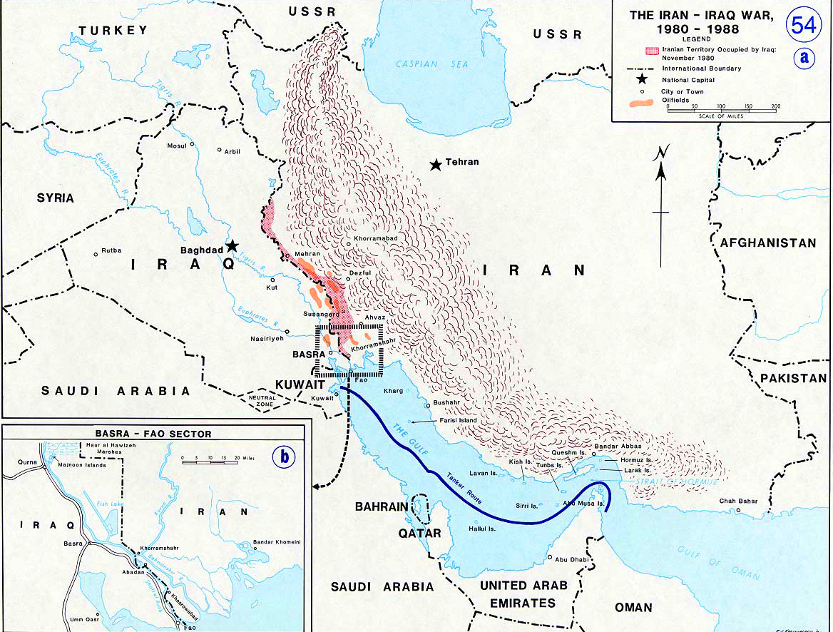 History Map of the Iran - Iraq War, 1980-1988.