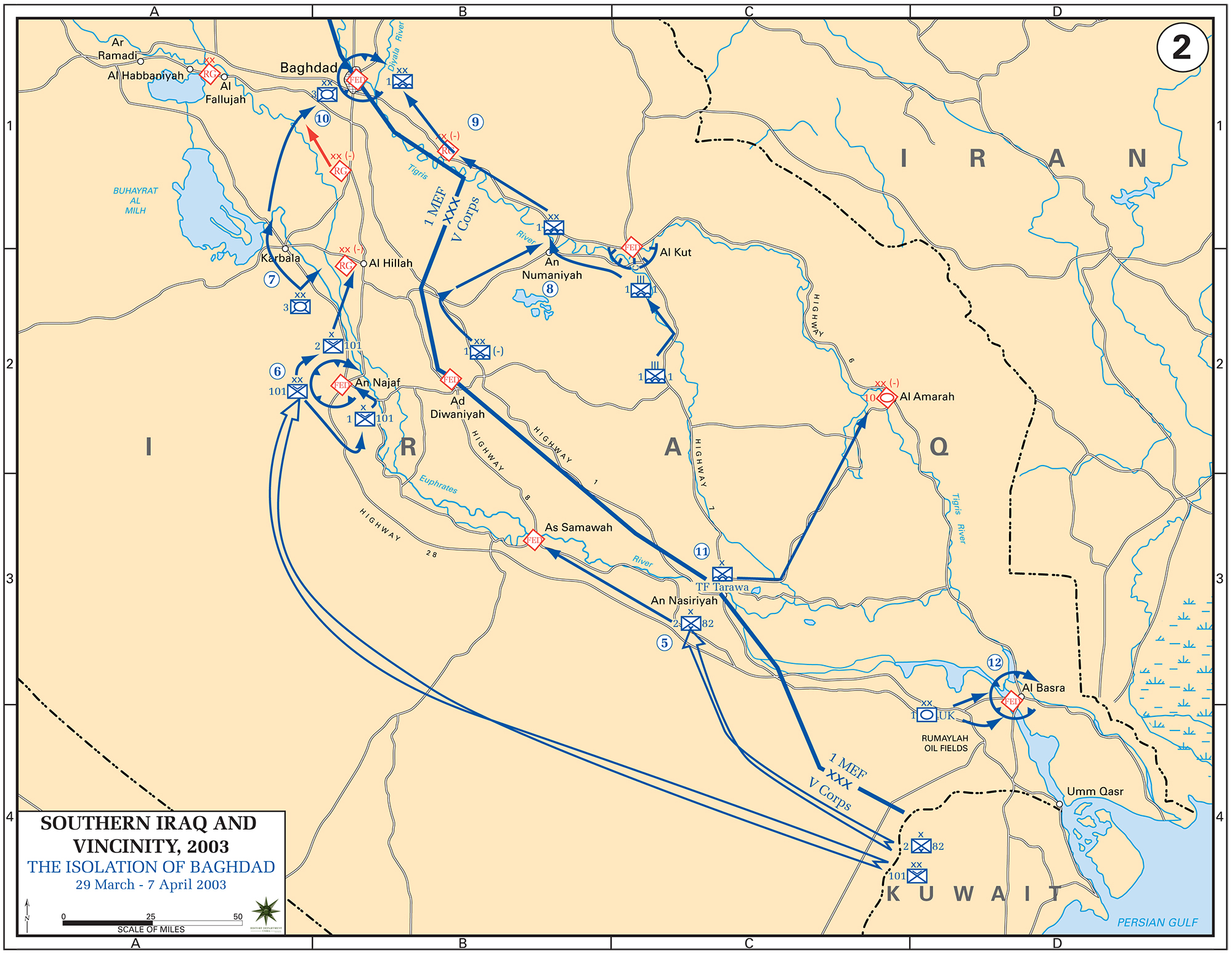 History Map of Iraq 2003. Southern Iraq and Vicinity, The Isolation of Baghdad, March 29 - April 7, 2003.
