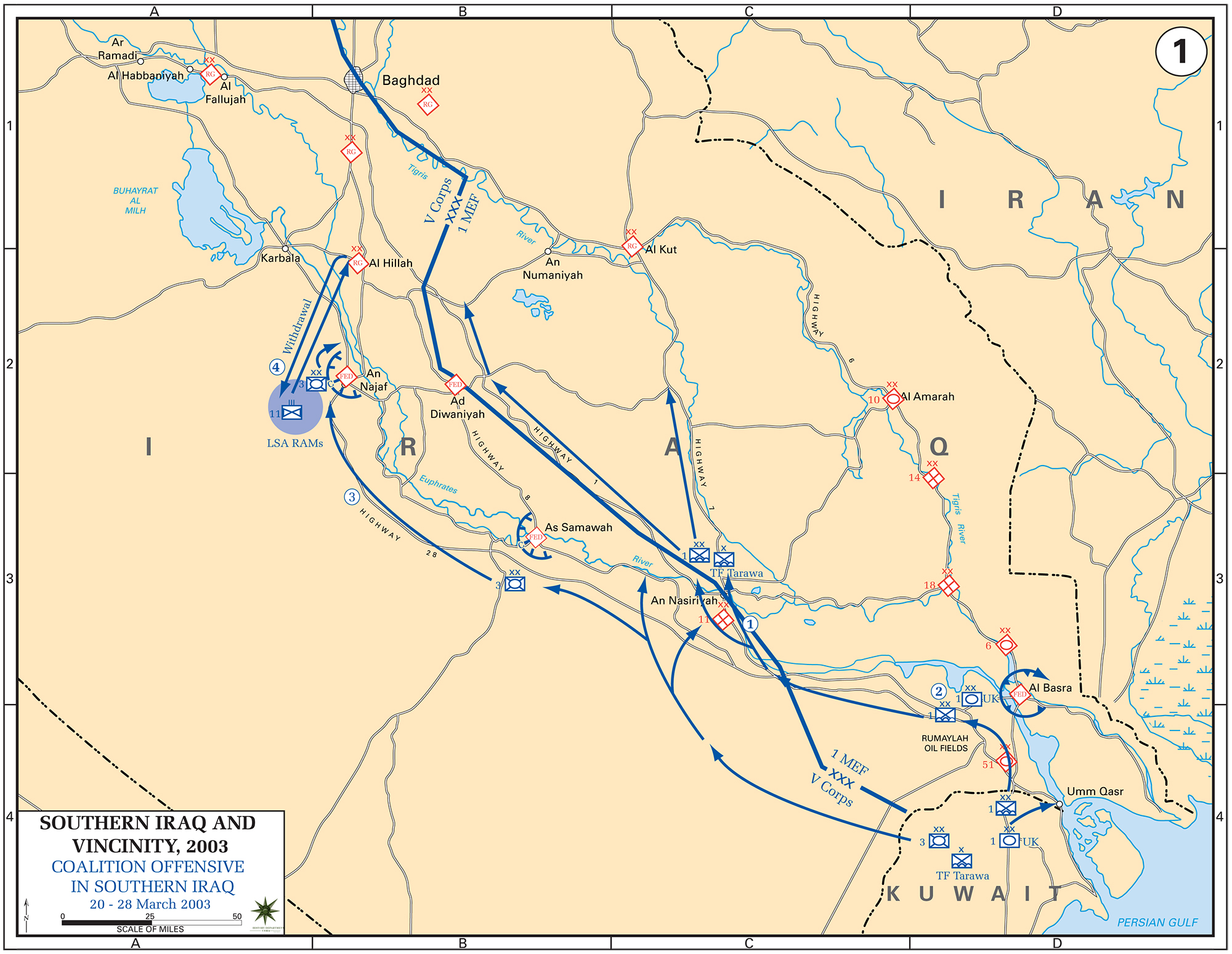 History Map of Iraq 2003. Southern Iraq and Vicinity, Coalition Offensive March 20-28, 2003.