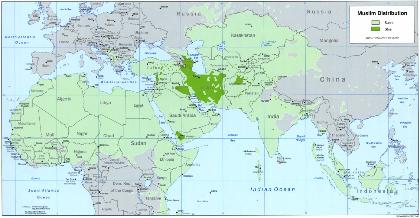 History Map of Muslim Distribution: Islamic Countries 2002. Europe, Asia, Africa, Sunni and Shia sect regions.