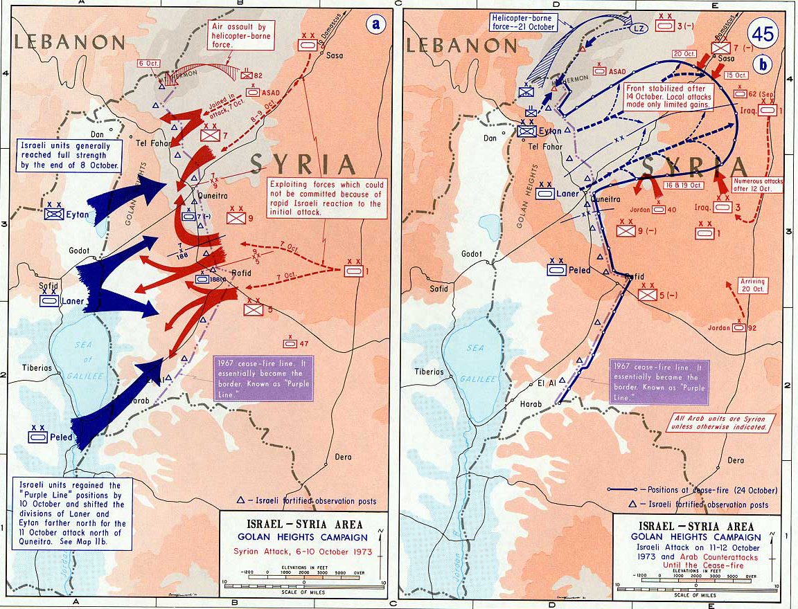 History Map of Israel and Syria: Golan Heights Campaign, Syrian Attack, Israeli Attack, Arab Counter-Attacks, October 1973.