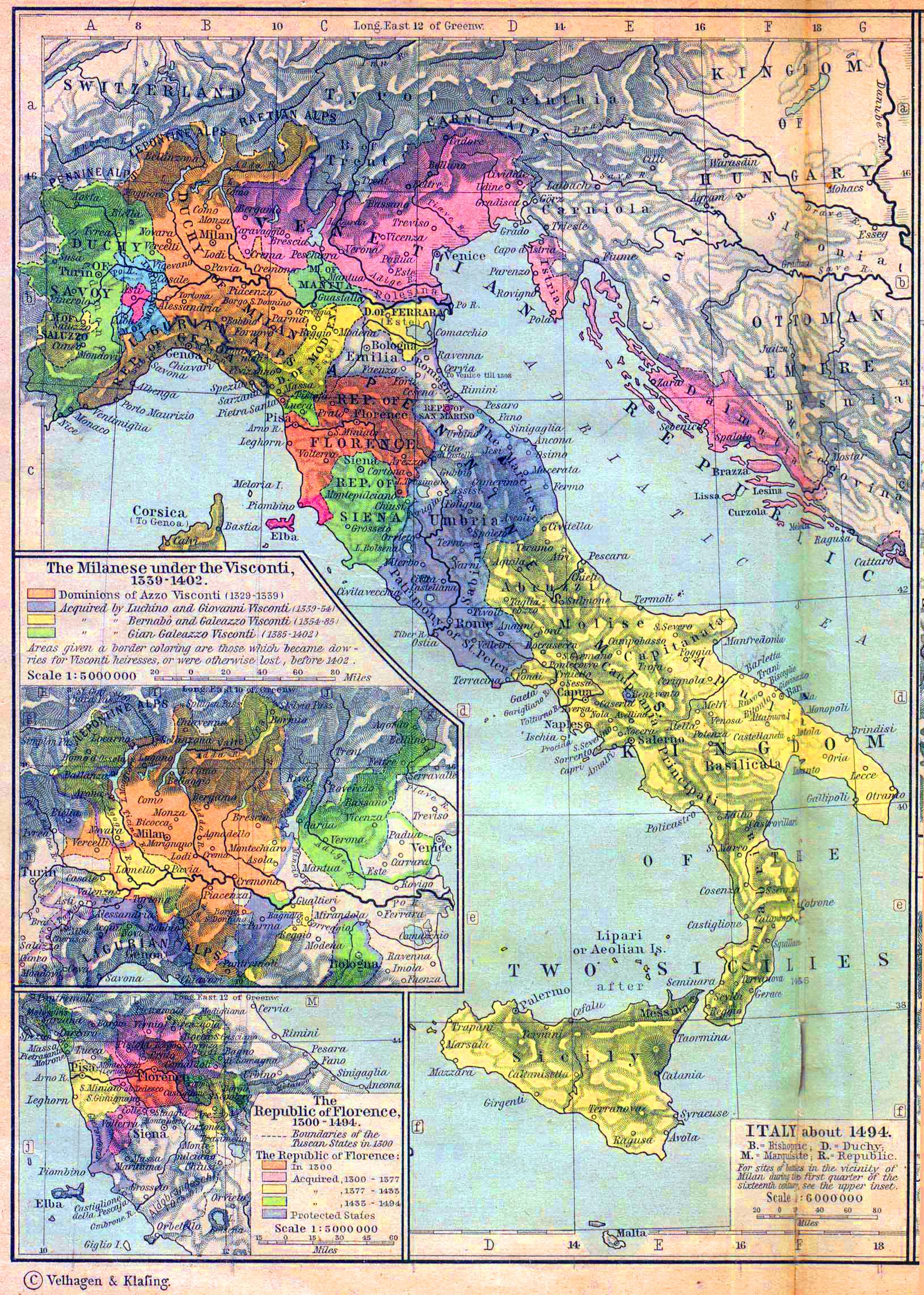Map of Italy about 1494. Insets: The Milanese under the Visconti, 1339-1402. The Republic of Florence, 1300-1494.