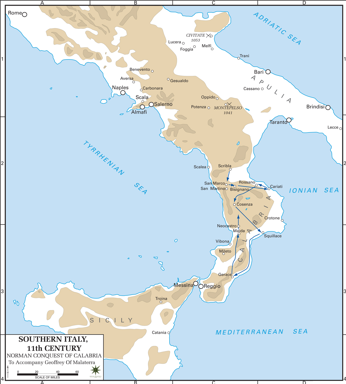 Map of Southern Italy in the 11th Century - Normans in Calabria