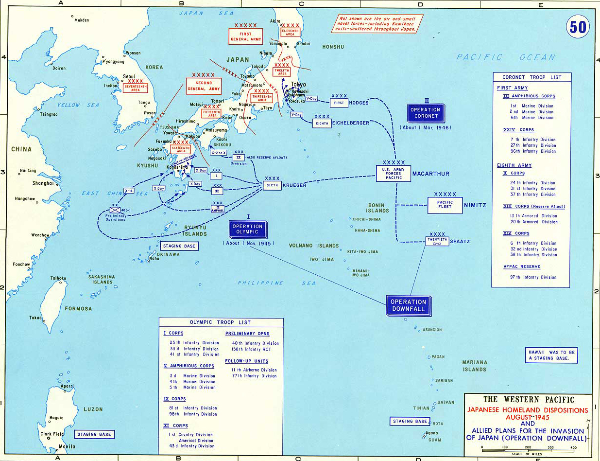 Map of World War II: The Western Pacific. Japanese Homeland Dispositions August 1945. Allied Plans for the Invasion of Japan (Operation Downfall).