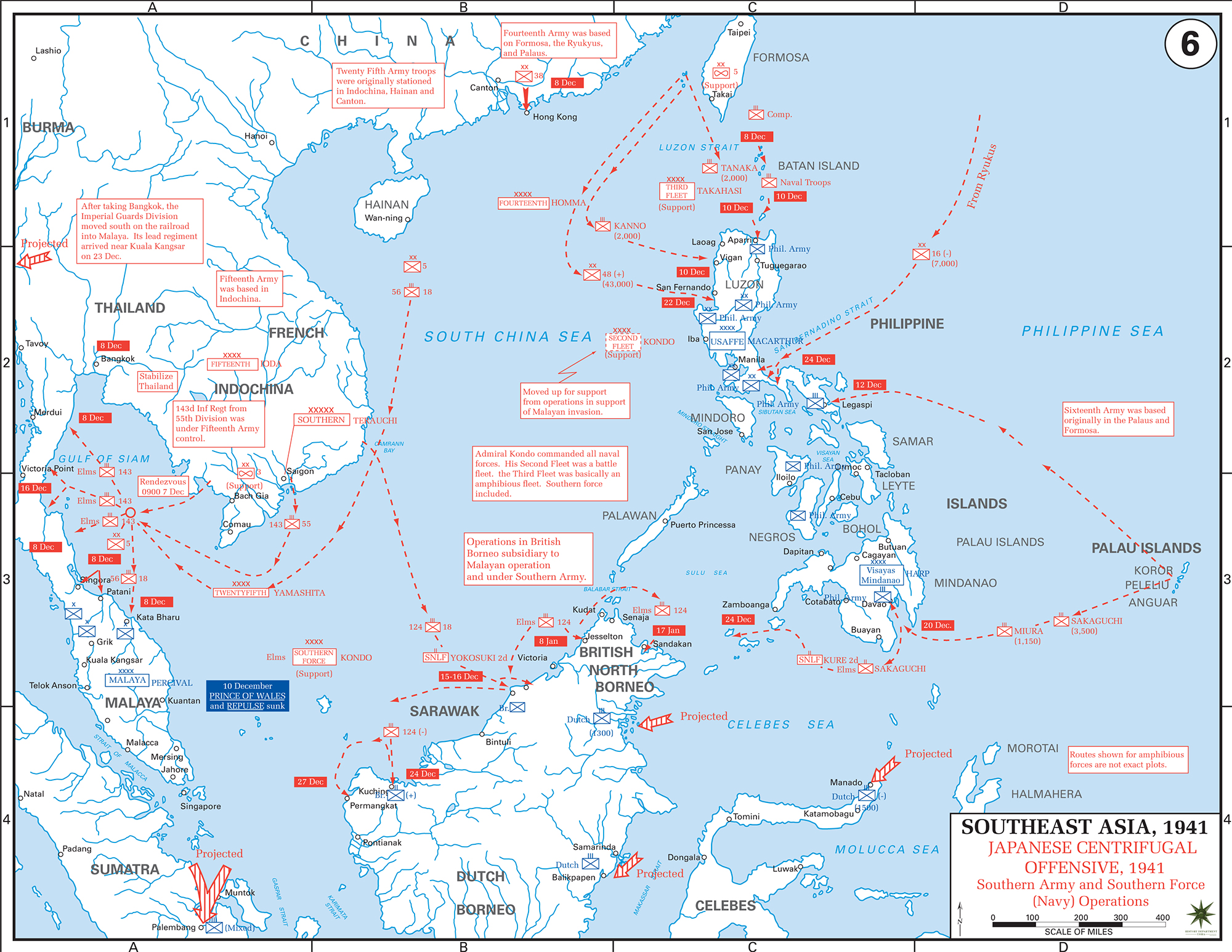 Map of World War II: Southeast Asia. Japanese Centrifugal Offensive, December 1941.