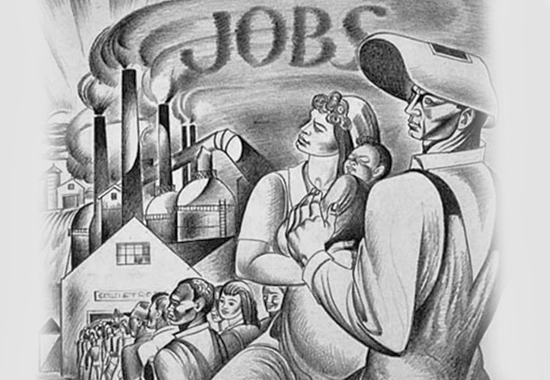 "THE KEYNOTE OF ALL THAT WE PROPOSE TO DO ... JOBS" - Full Production and Full Employment under Our Democratic System of Private Enterprise - Crayon and ink by Michael Lenson, ca. 1944.  Barry and David Lenson. Library of Congress.