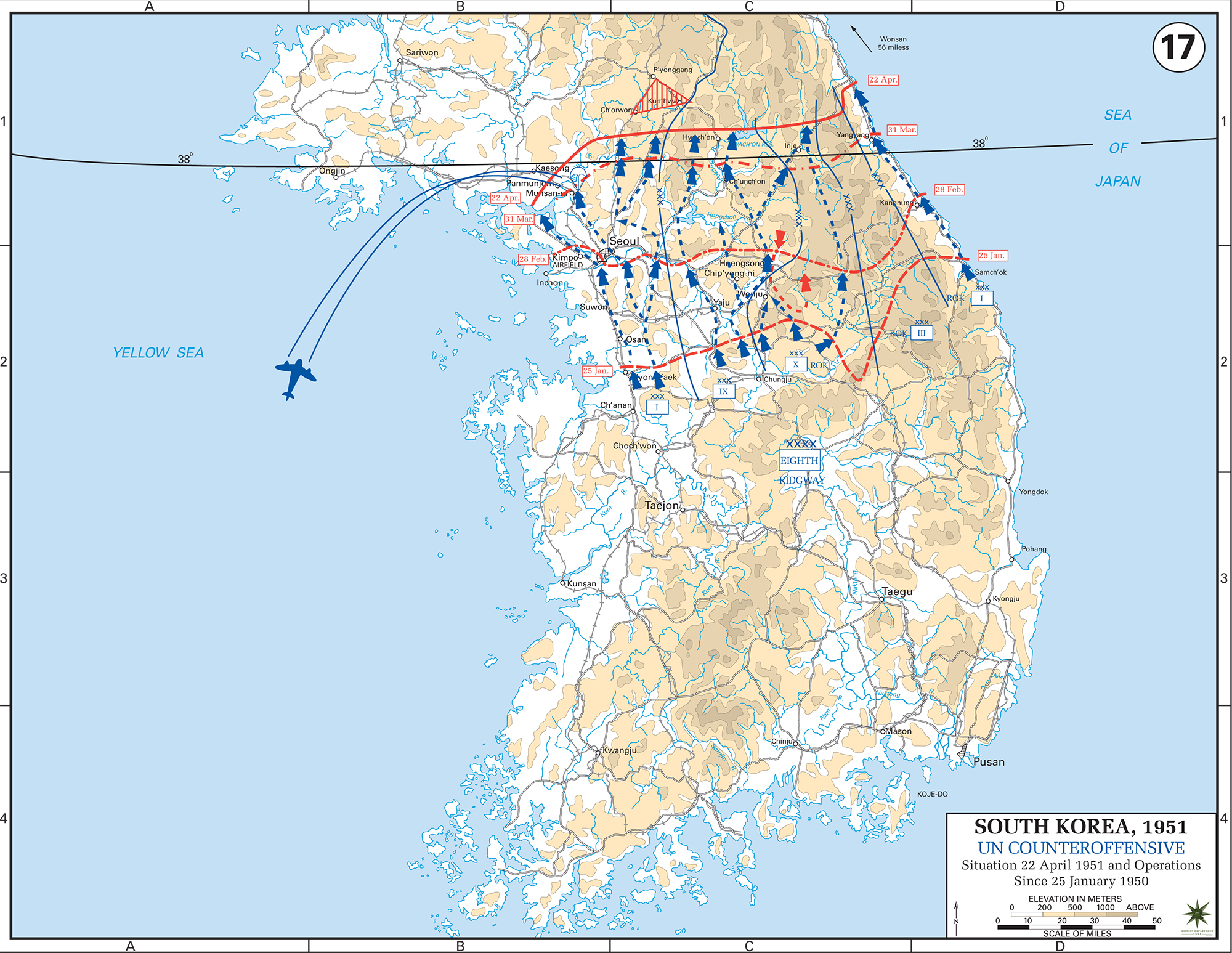 Map of the Korean War: South Korea. U.N. Counter-Offensive, Situation April 22, 1951, Operations Since January 25, 1951.