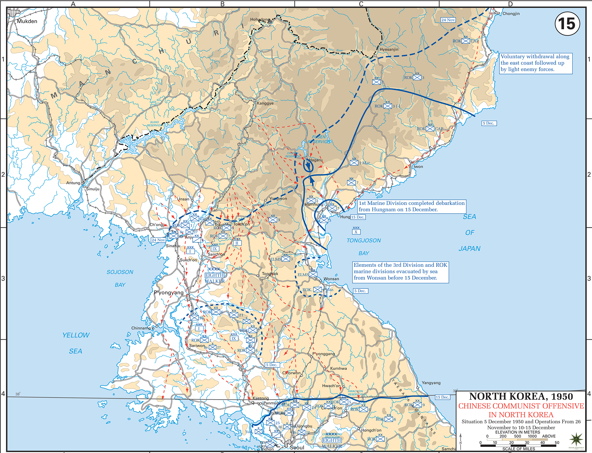 Map of the Korean War: North Korea. U.N. Chinese Communist Offensive, Situation December 5, 1950, Operations November 26 - December 15, 1950.