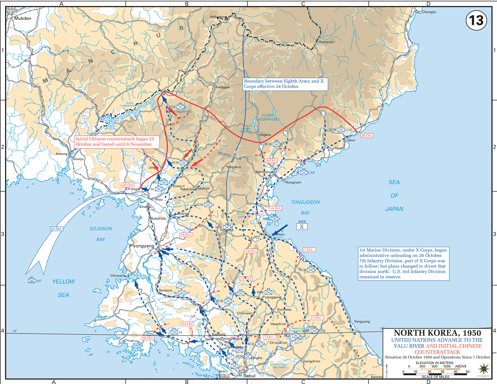 Map of the Korean War: North Korea. U.N. Advance to the Yalu River, Initial Chinese Counter-Attack, Situation October 26, 1950, Operations Since October 7, 1950.