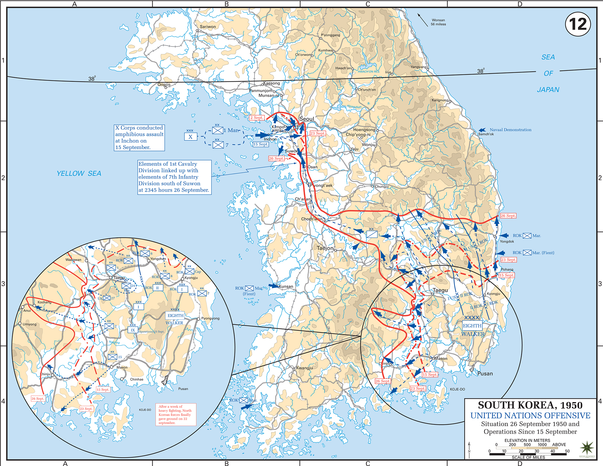 Map of the Korean War: South Korea. U.N. Offensive, Situation September 26, 1950, Operations Since September 15, 1950.