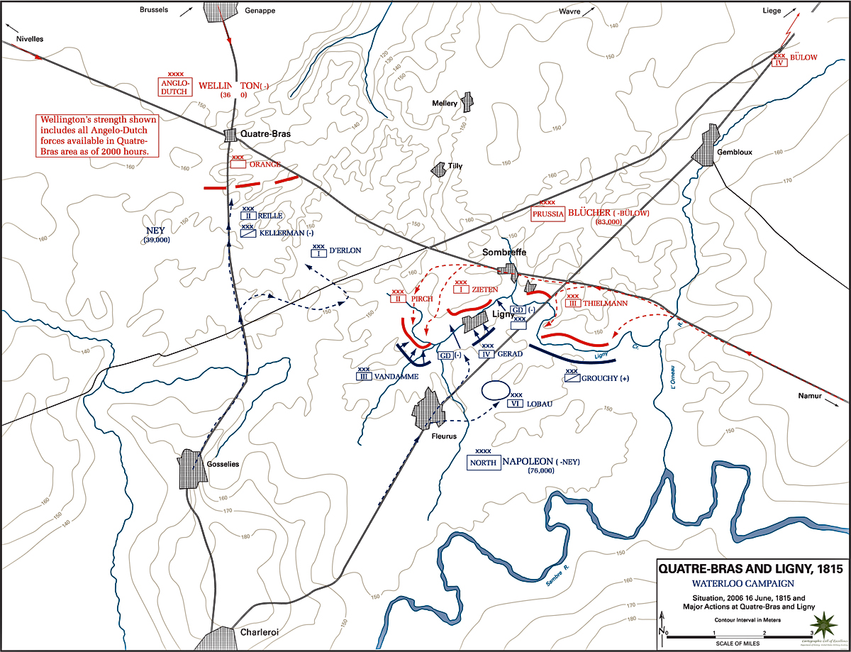 Map of the Battles of Ligny and Quatre-Bras - June 16, 1815