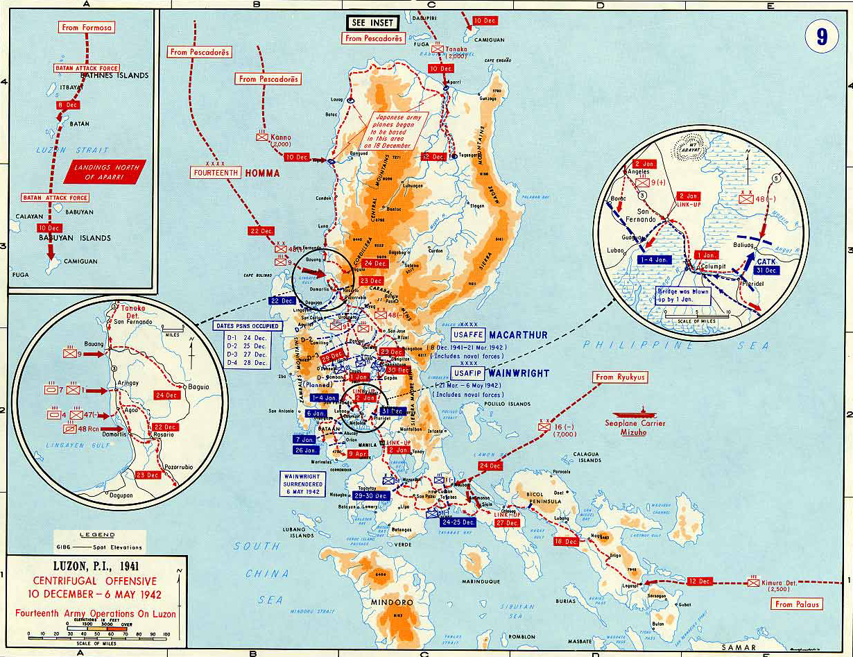 Map of World War II: Southeast Asia. Luzon, Philippines, Luzon, Philippines, Centrifugal Offensive, Operations December 10, 1941 - May 6, 1942.