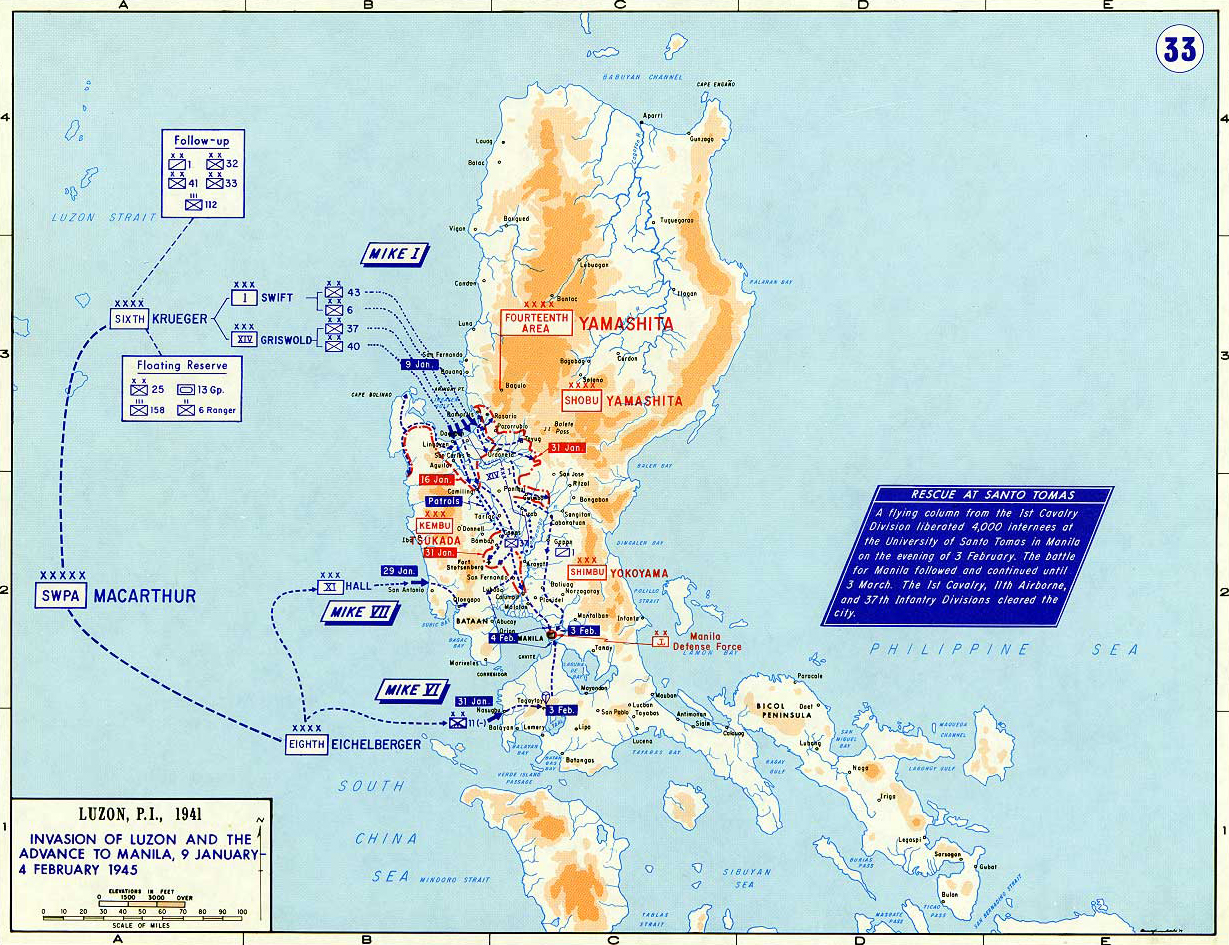 Map of World War II: The Philippine Islands, Luzon. Invasion of Luzon and the Advance to Manila, January 9 - February 4, 1945.
