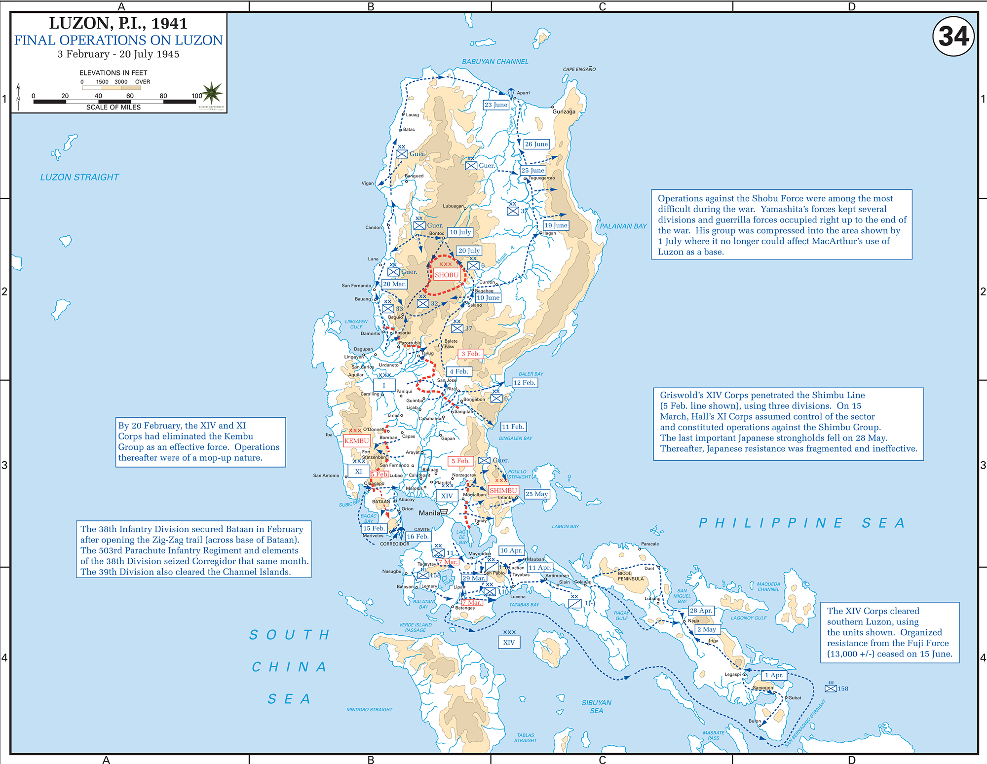 Map of World War II: The Philippine Islands, Luzon. Final Operations on Luzon February 3 - July 20, 1945.