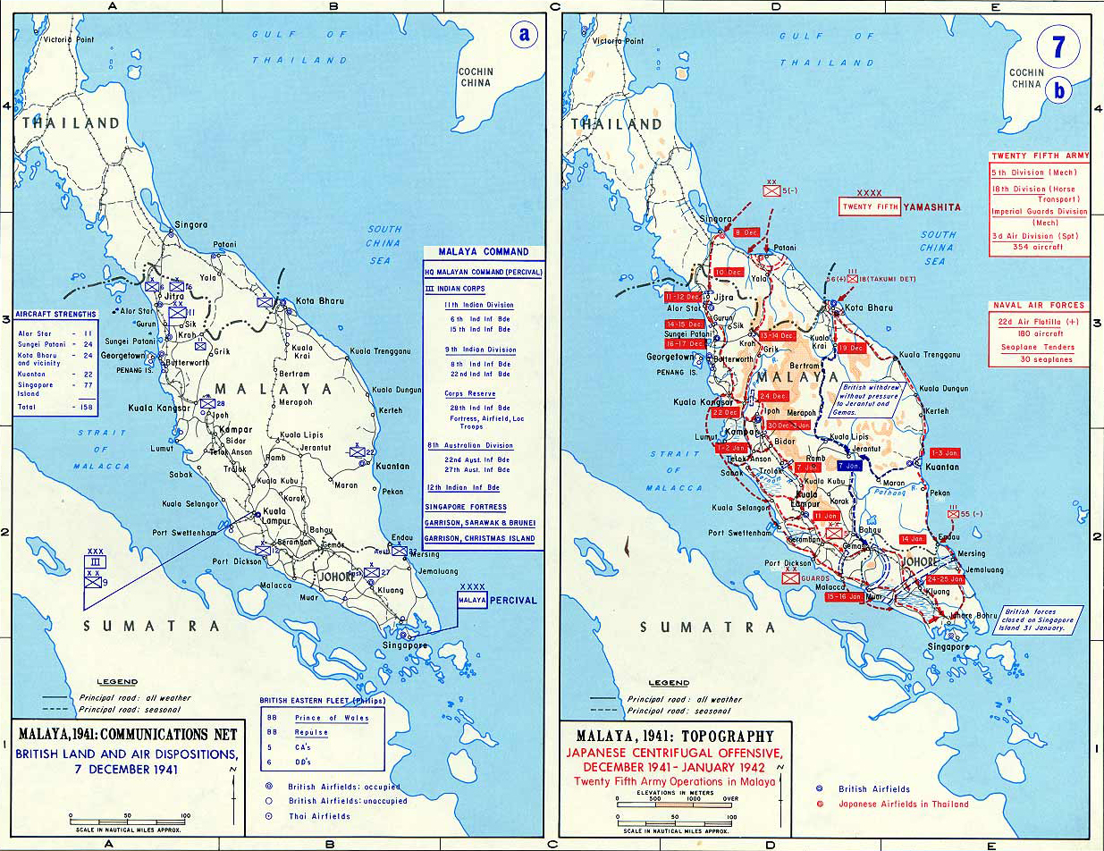 Map of World War II: Southeast Asia. Malaya December 1941 - January 1942.