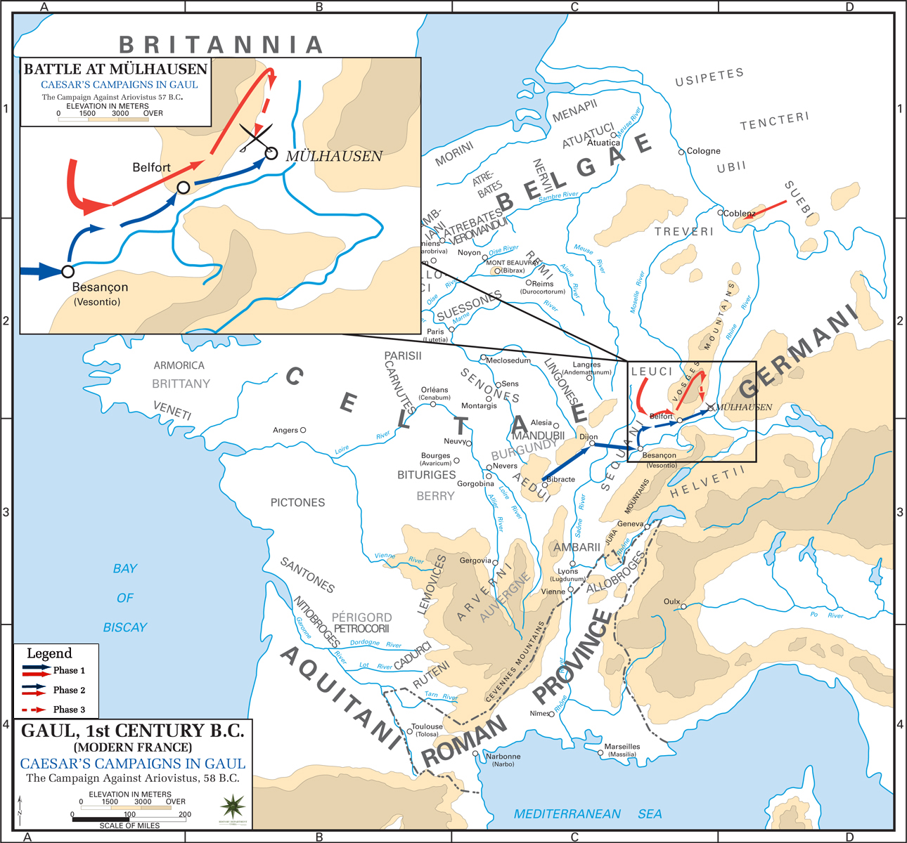 Map of Caesar's Campaign in Gaul, 58 BC