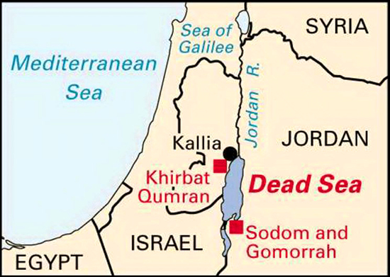 Map of the Dead Sea, Khirbat Qumran, and Sodom and Gomorrah