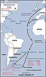 History Map of the Falkland Islands 1982. Distances from air bases. Opening events.