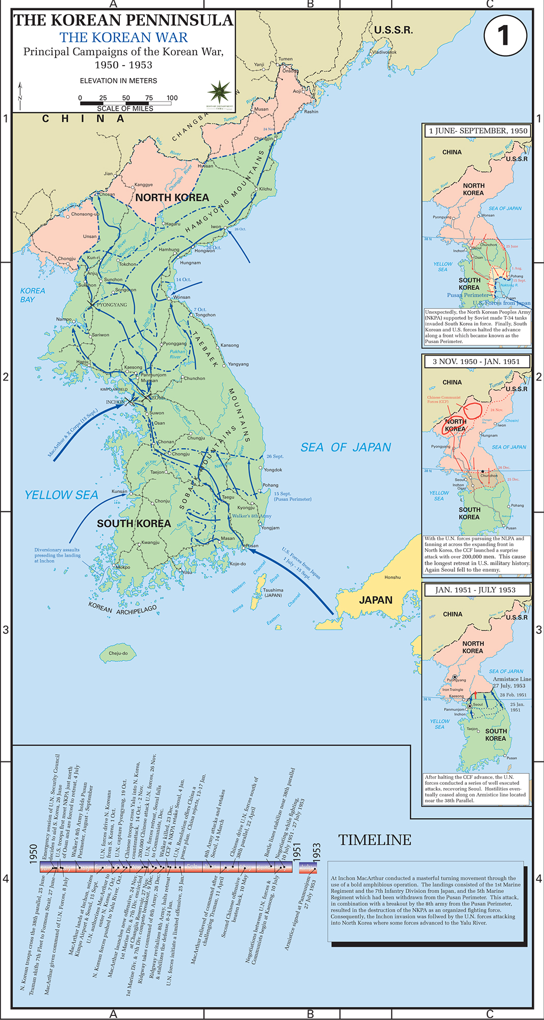 Map of the Korean War: Principal Campaigns 1950 - 1953.
