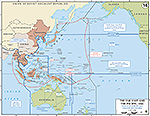 Map of World War II: The Far East and the Pacific. Status of Allied Forces and Theater Boundaries, July 2, 1942.
