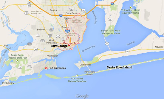 Map Fort George, Red Cliffs Fort, Pensacola Bay, Santa Rosa Island