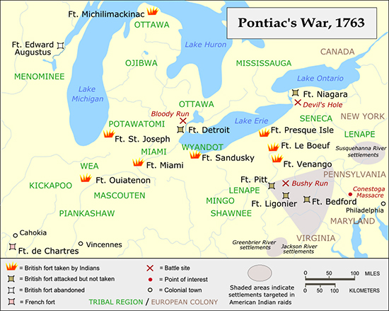 Pontiac's War 1763 - Map Location of Fort Edward Augustus, Fort St. Joseph, Fort Ouiatenon, Fort Michilimackinac, Fort Miami, Fort Detroit, Fort Sandusky, Fort Presque Isle, Fort Le Boeuf, Fort Venango, Fort Pitt, Fort Ligonier, Fort Bedford