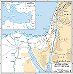 Map of the Southeastern Mediterranean: Lebanon, Syria, Jordan, Israel, Egypt, Saudi Arabia, Sinai Peninsula