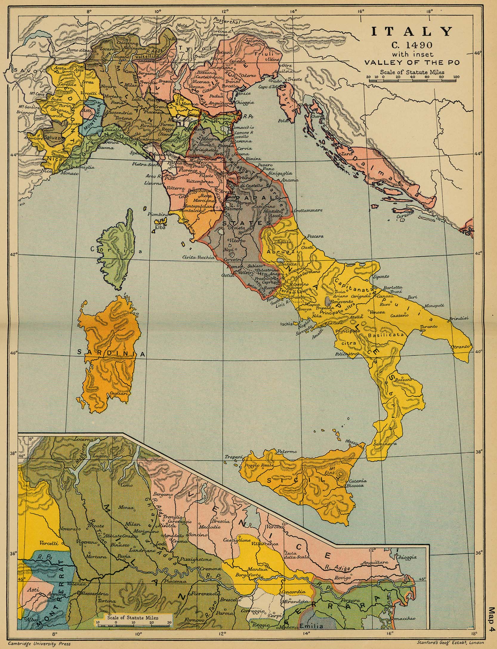 Map of Italy in 1490. Inset: Valley of the Po.