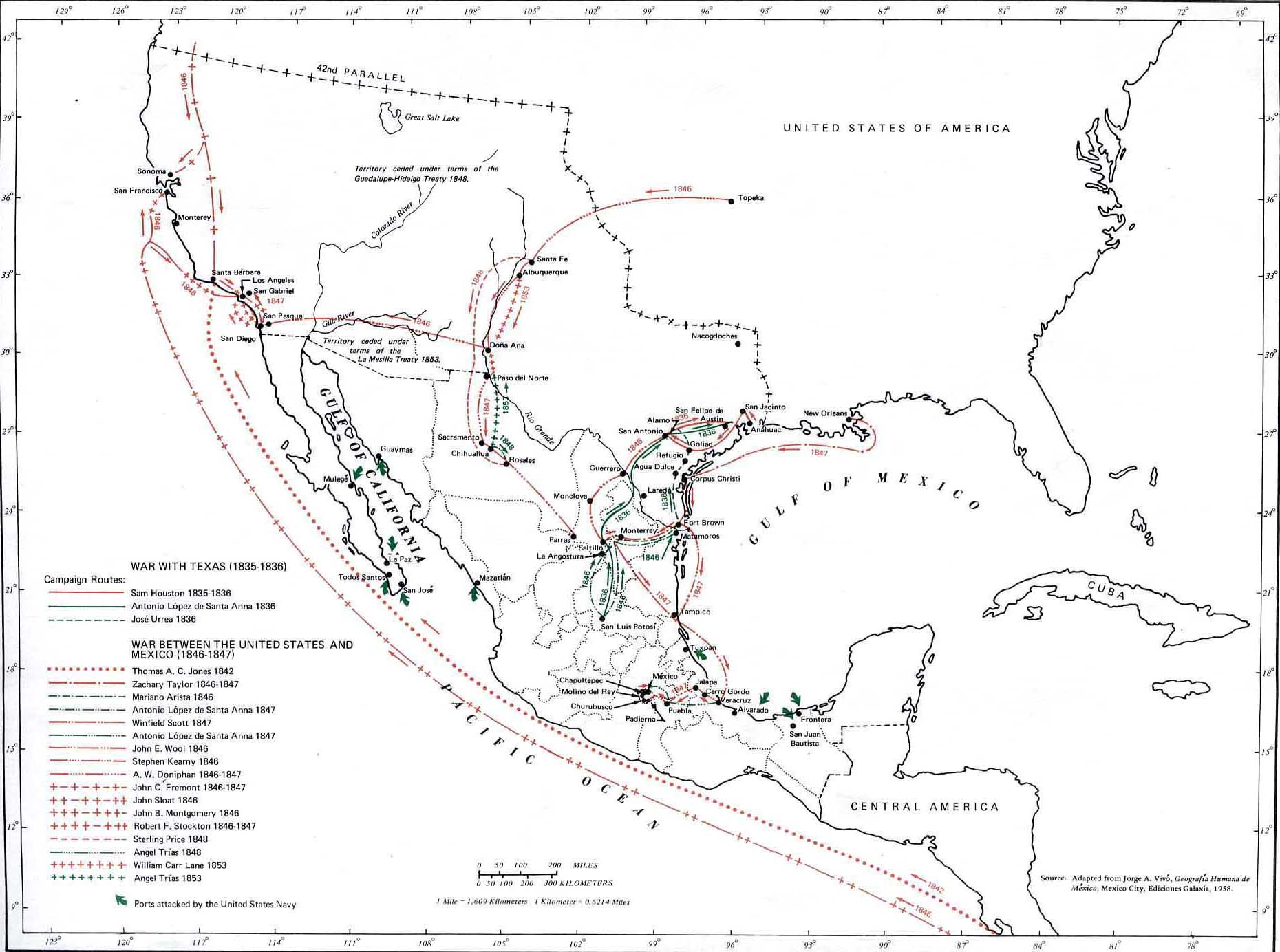 Map of the Campaign Routes: Texas Revolution, Mexican-American War, La Mesilla Treaty