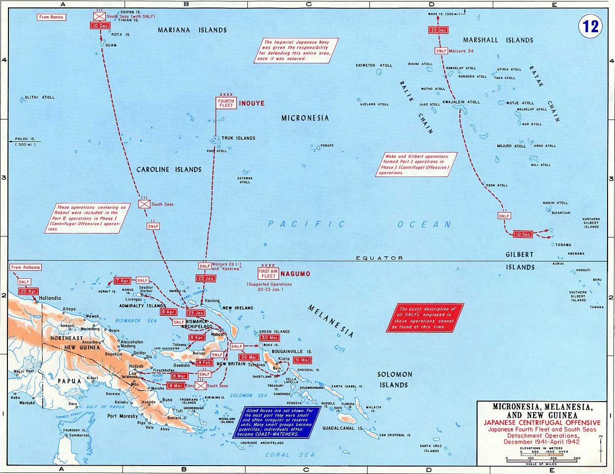 Map of World War II: Pacific. Micronesia, Melanesia, and New Guinea. Japanese Centrifugal Offensive, December 1941 - April 1942. Japanese Fourth Fleet and South Seas Detachment Operations.