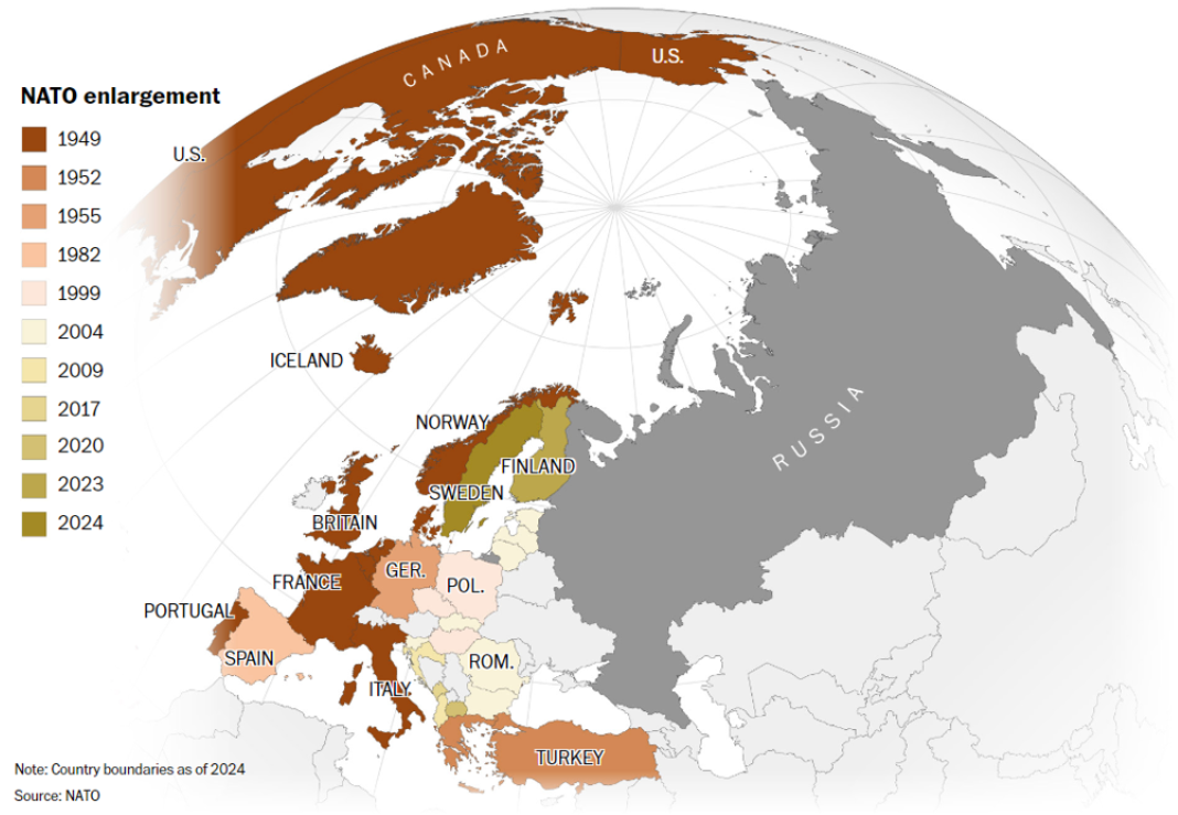 Map of NATO members 1949 - 2024