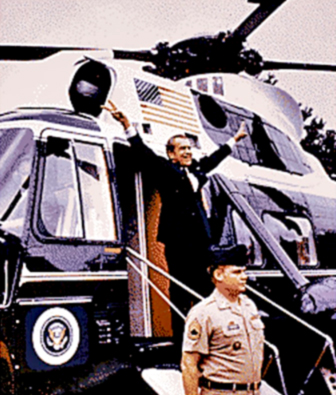 Richard Nixon delivering the "V" sign upon his final departure from the White House, August 9, 1974