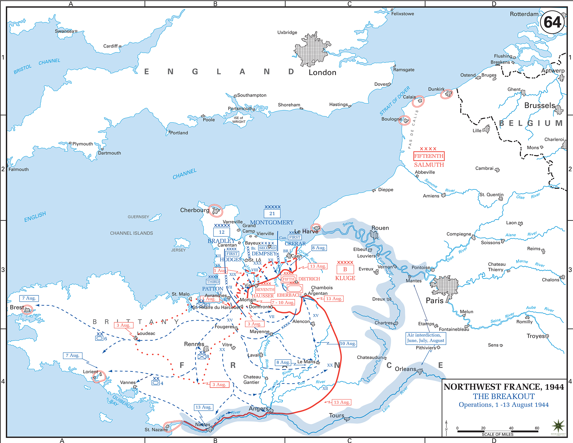 Map of WWII: Normandy Invasion. Operations August 1-13, 1944. The Breakout.