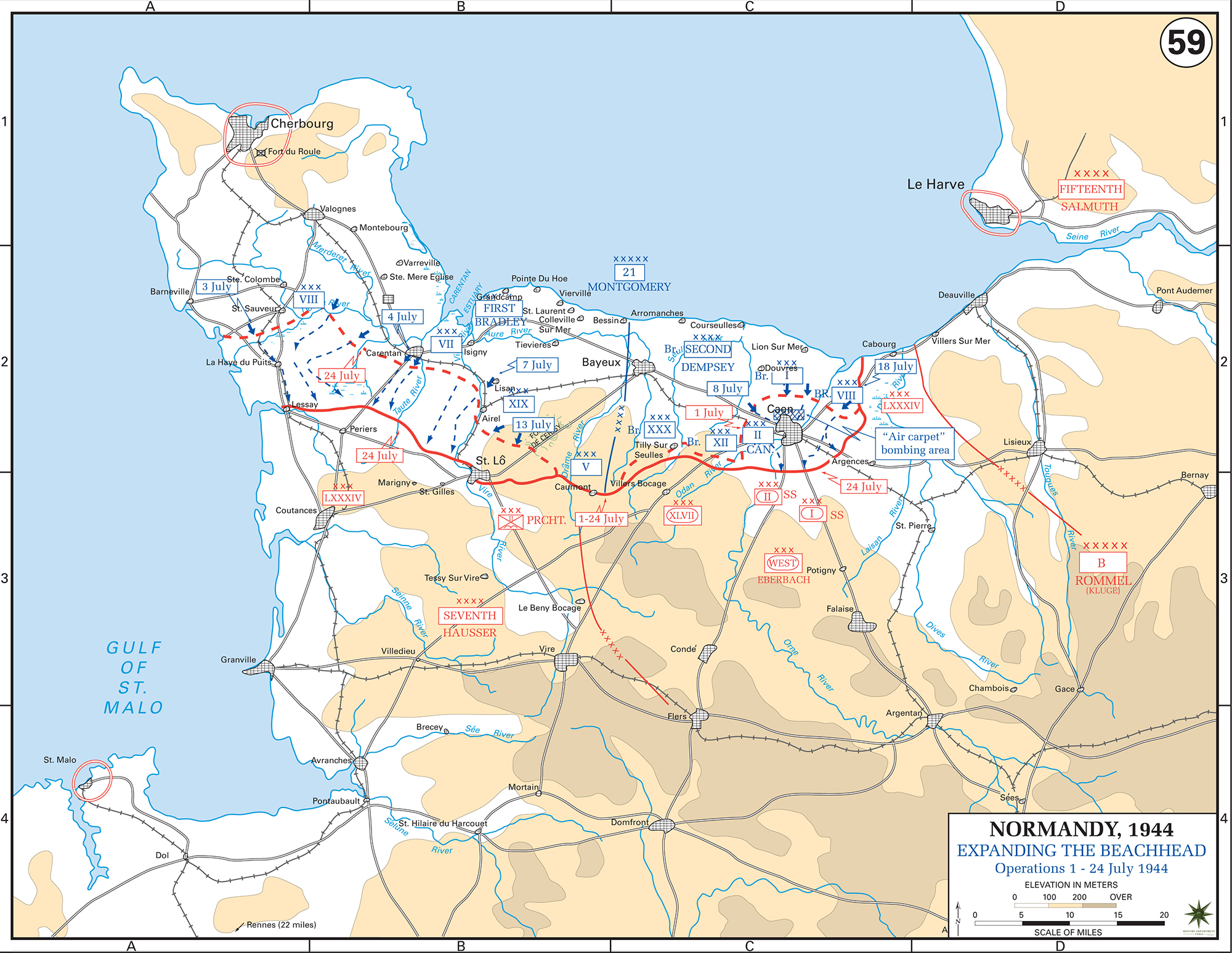 Map of WWII: Normandy Invasion. Operations July 1-24, 1944. Expanding the Beachhead.