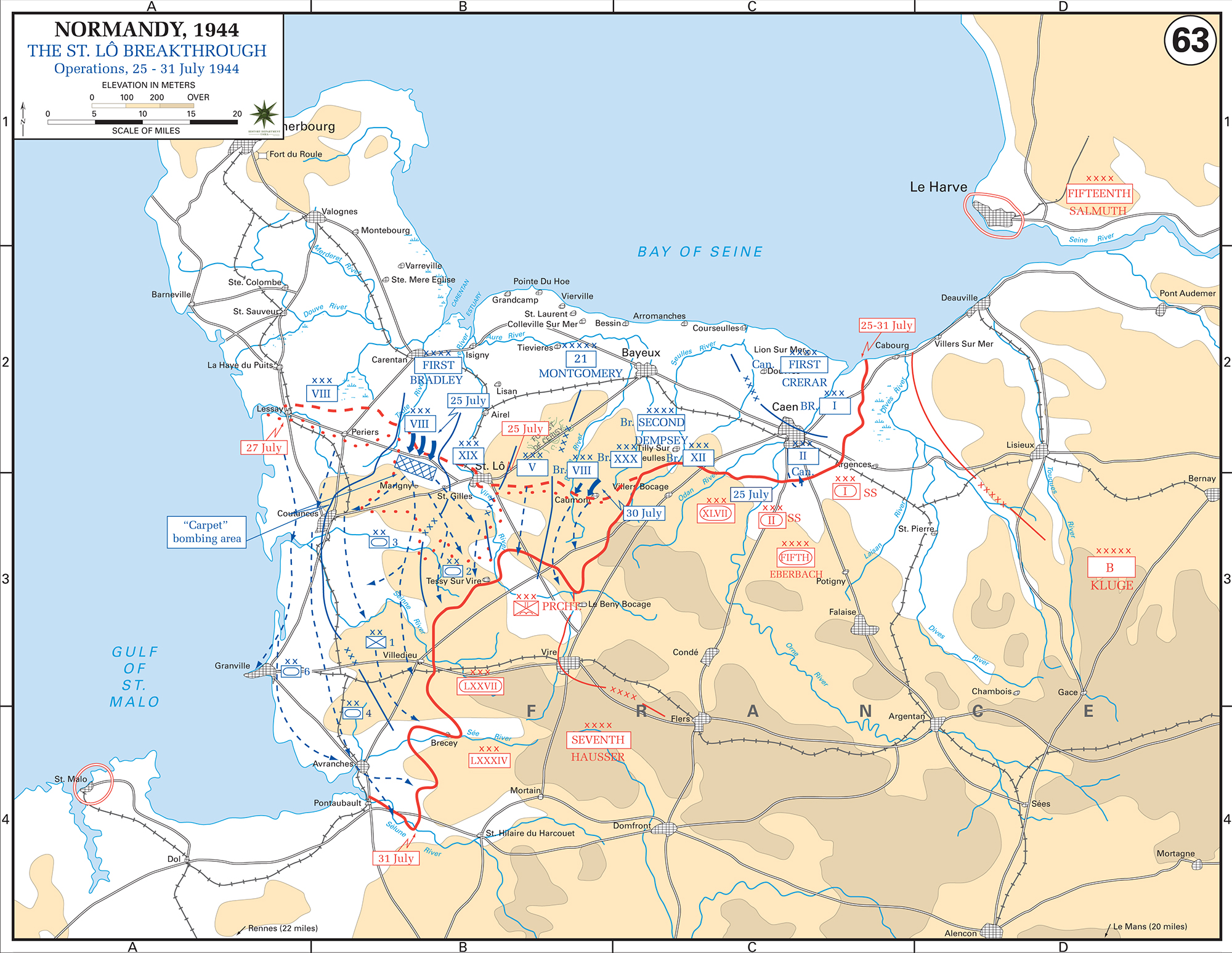 Map of WWII: Normandy Invasion. Operations July 25-31, 1944. The Saint-L (St. Lo) Breakthrough.