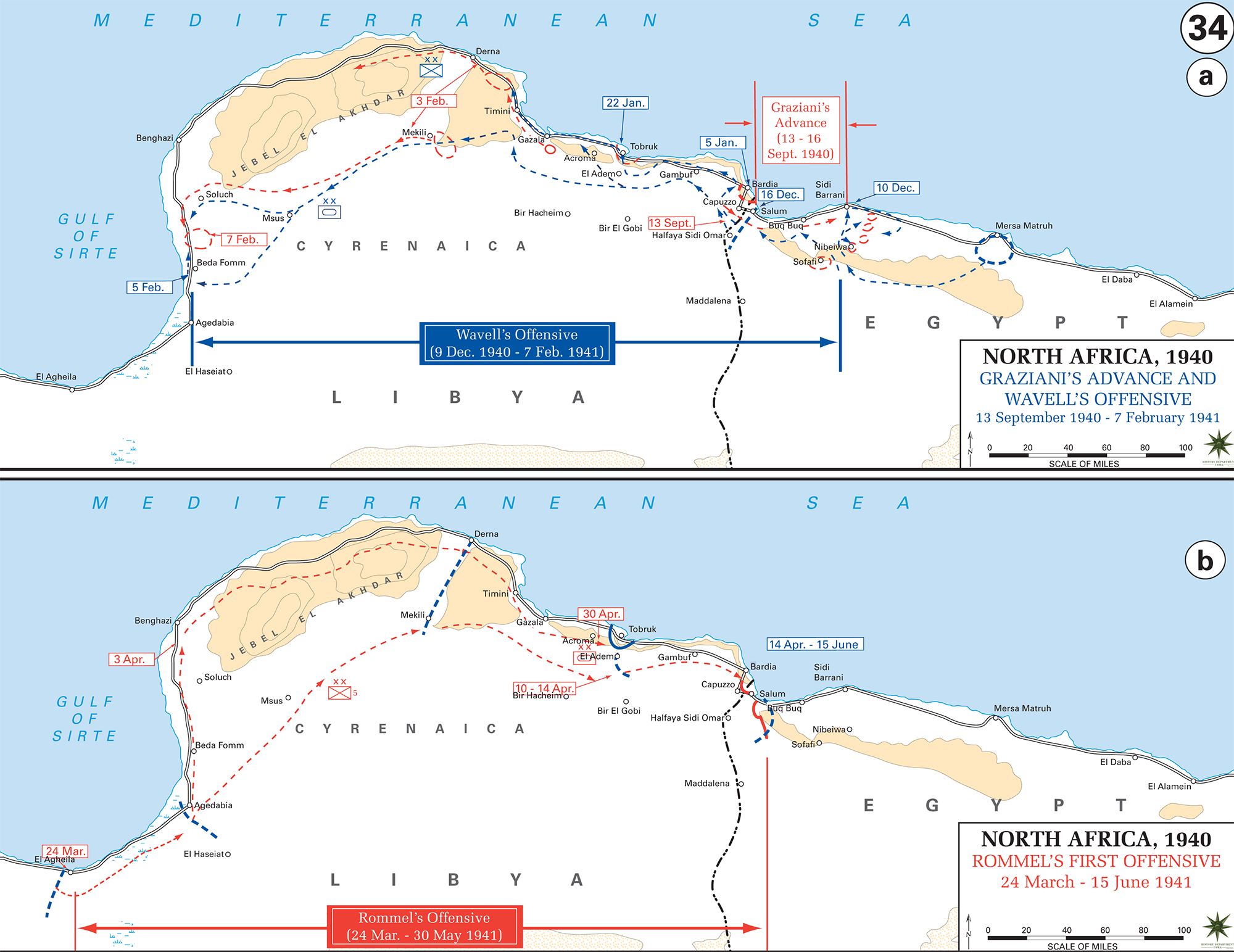 Map WWII North Africa 1940/41. Graziani's Advance and Wavell's Offensive, Rommel's First Offensive