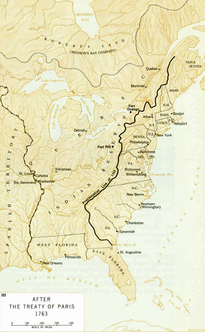 Historical Map of North America in 1763 after the  Treaty of Paris (February 10, 1763) and after the  Royal Proclamation (October 7, 1763)