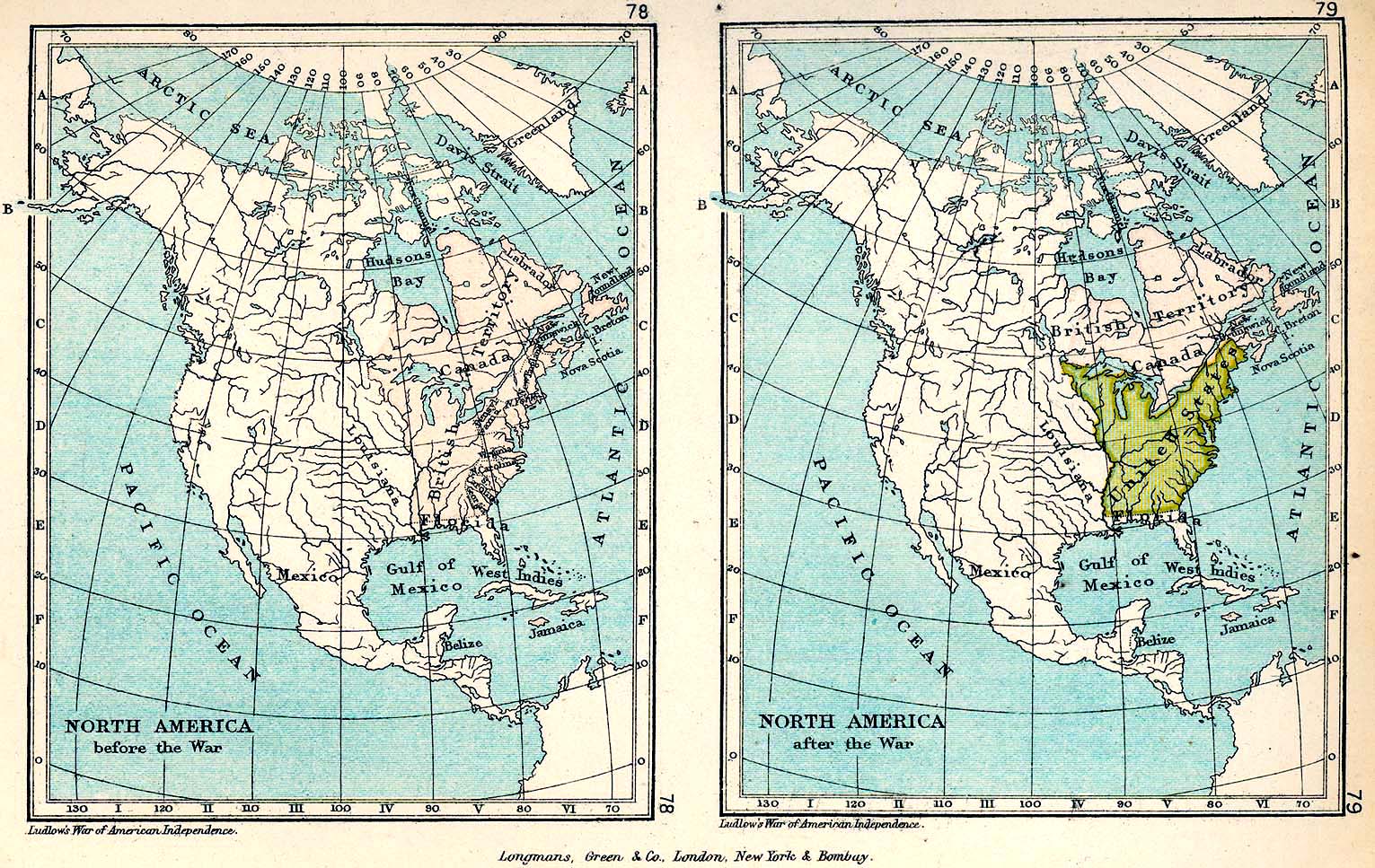Maps of North America before and after the War of American Independence