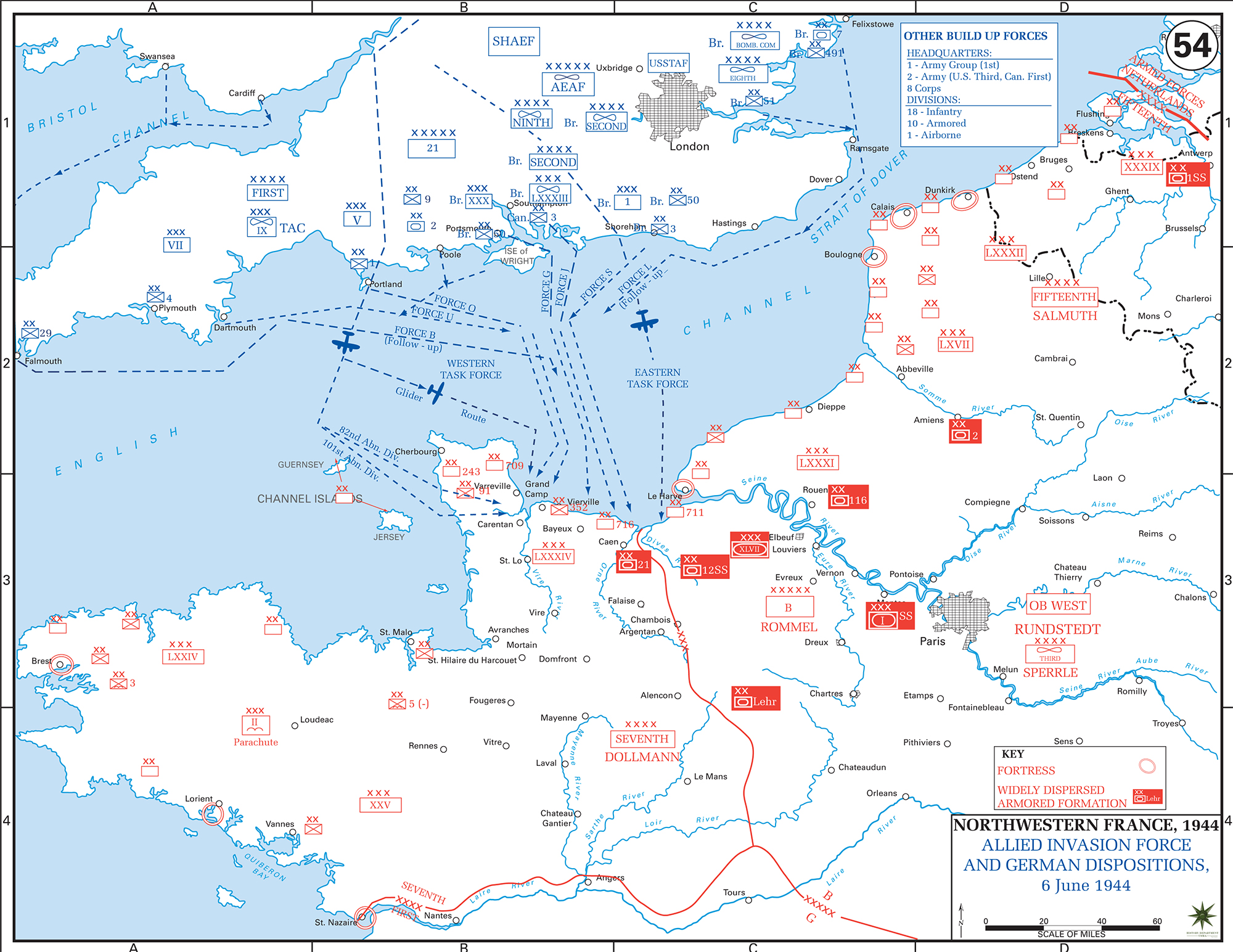 Map of WWII: Northwestern France on June 6, 1944. Allied Invasion Forces and German Dispositions.