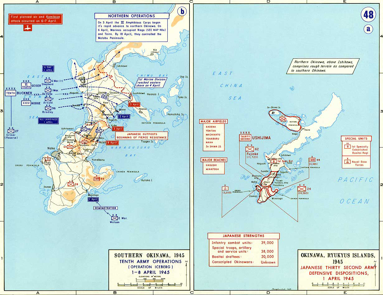 Map of World War II: The Pacific. Okinawa April 1-8, 1945.