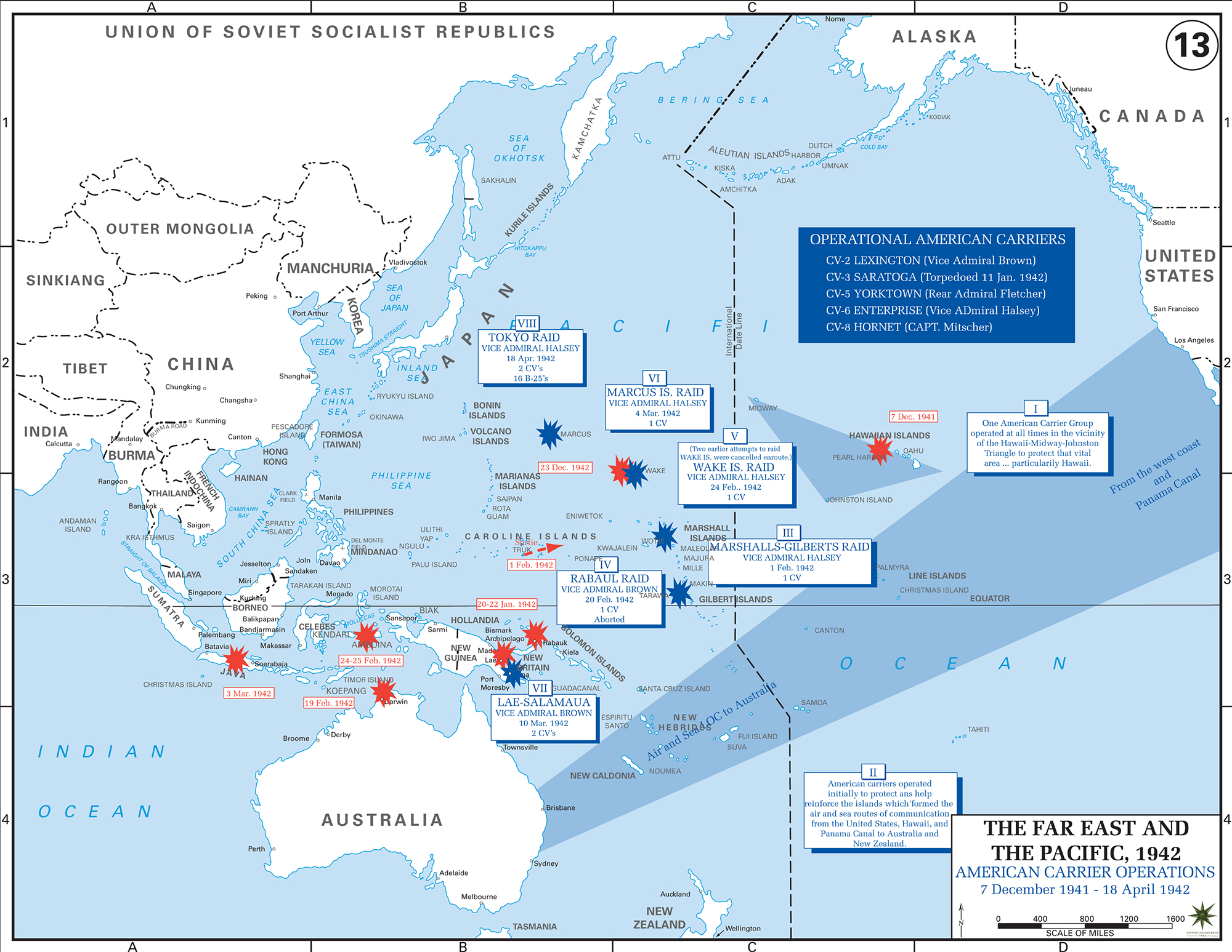 Map of World War II: The Far East and the Pacific. American Carrier Operations December 7, 1941 - April 18, 1942.