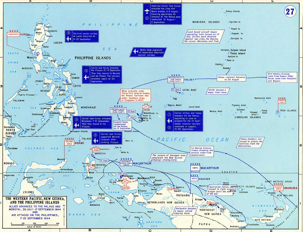 Map of World War II: Western Pacific, New Guinea, and the Philippine Islands. Allied 